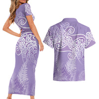 Aotearoa Maori Koru Curves Couples Matching Short Sleeve Bodycon Dress and Hawaiian Shirt Silver Ferns - Amethyst LT7 - Polynesian Pride