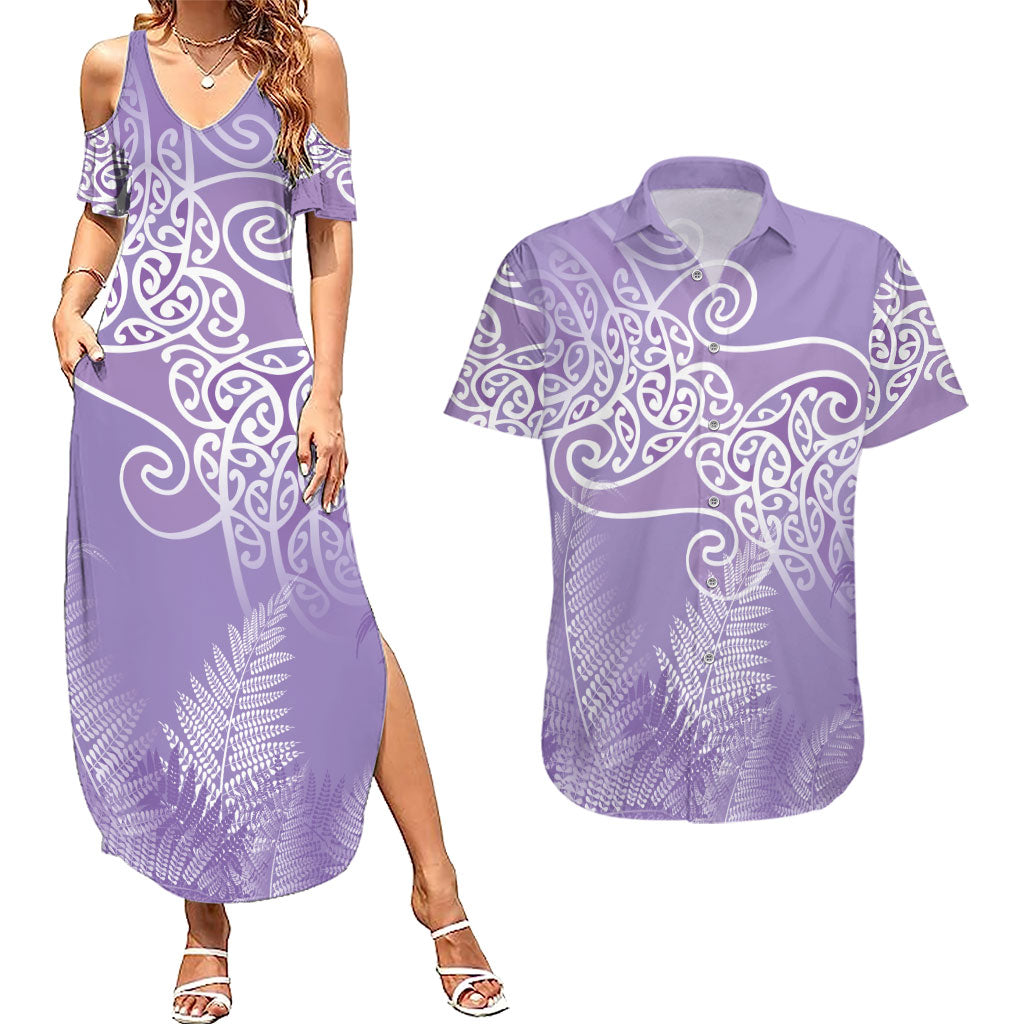 Aotearoa Maori Koru Curves Couples Matching Summer Maxi Dress and Hawaiian Shirt Silver Ferns - Amethyst LT7 Purple - Polynesian Pride