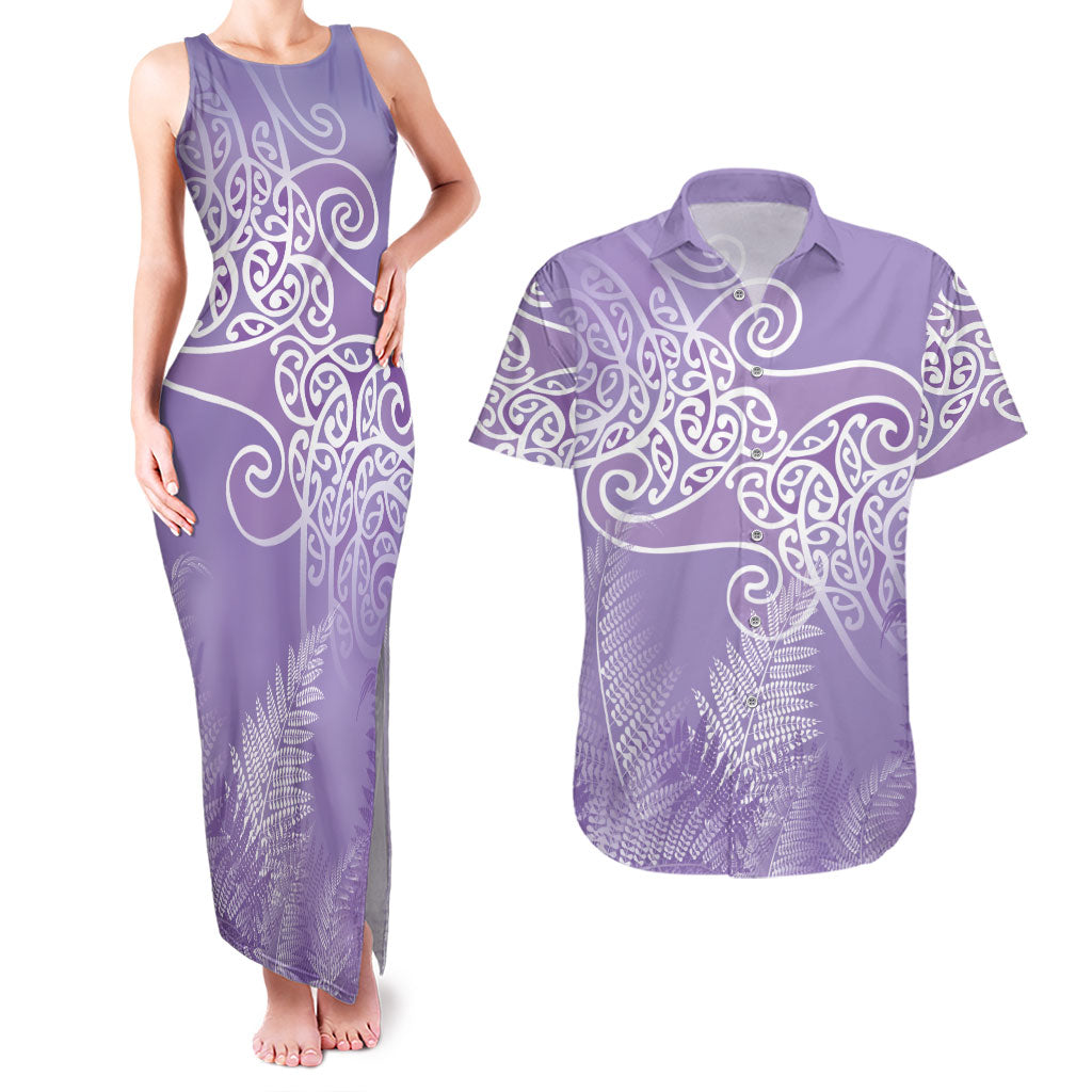Aotearoa Maori Koru Curves Couples Matching Tank Maxi Dress and Hawaiian Shirt Silver Ferns - Amethyst LT7 Purple - Polynesian Pride