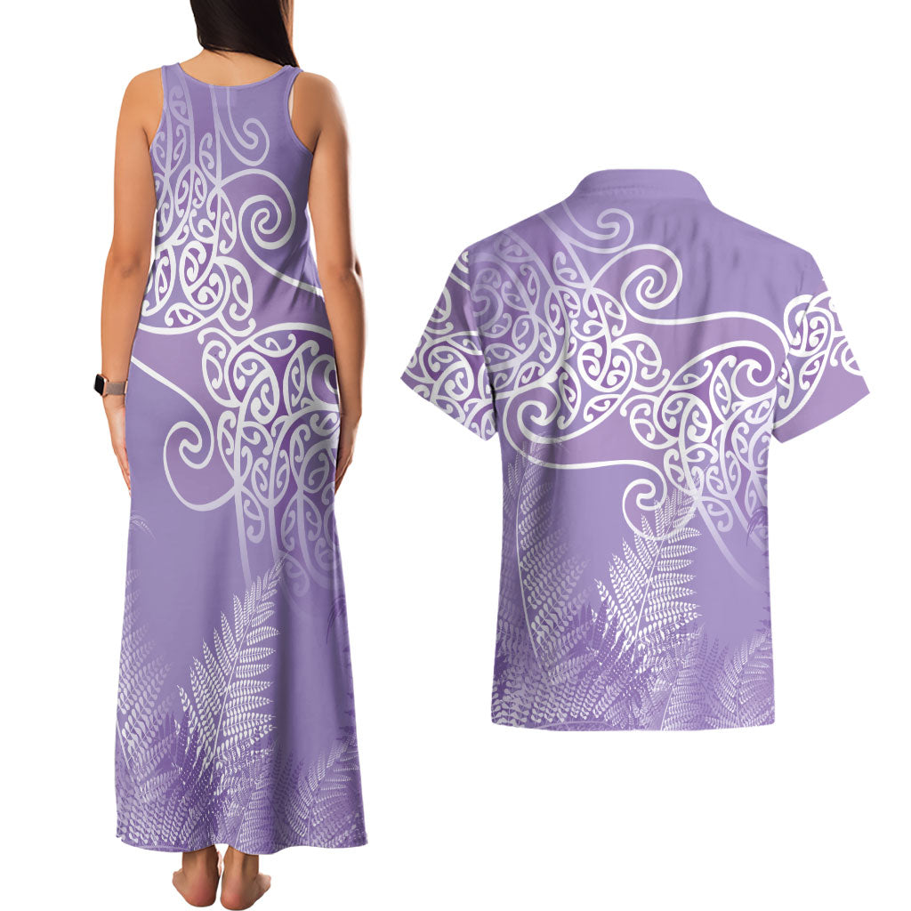 Aotearoa Maori Koru Curves Couples Matching Tank Maxi Dress and Hawaiian Shirt Silver Ferns - Amethyst LT7 - Polynesian Pride