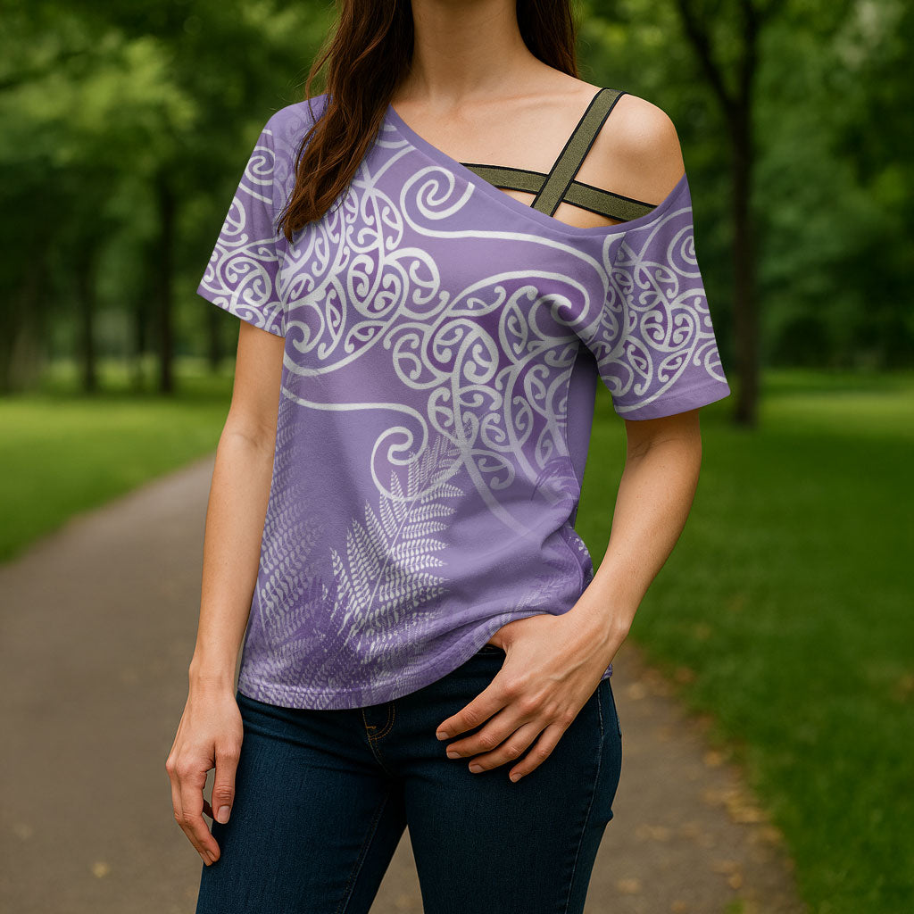 Aotearoa Maori Koru Curves Cross Shoulder Shirt Silver Ferns - Amethyst