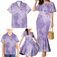 Aotearoa Maori Koru Curves Family Matching Mermaid Dress and Hawaiian Shirt Silver Ferns - Amethyst LT7 - Polynesian Pride