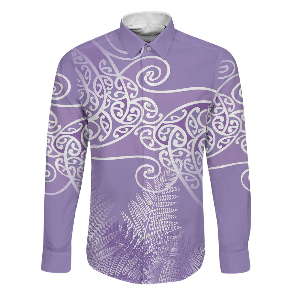 Aotearoa Maori Koru Curves Family Matching Mermaid Dress and Hawaiian Shirt Silver Ferns - Amethyst LT7 Dad's Shirt - Long Sleeve Purple - Polynesian Pride