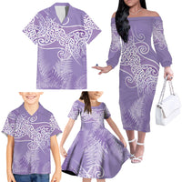 Aotearoa Maori Koru Curves Family Matching Off The Shoulder Long Sleeve Dress and Hawaiian Shirt Silver Ferns - Amethyst LT7 - Polynesian Pride
