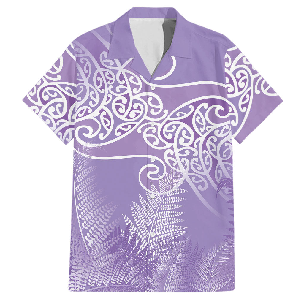 Aotearoa Maori Koru Curves Family Matching Off Shoulder Short Dress and Hawaiian Shirt Silver Ferns - Amethyst LT7 Dad's Shirt - Short Sleeve Purple - Polynesian Pride