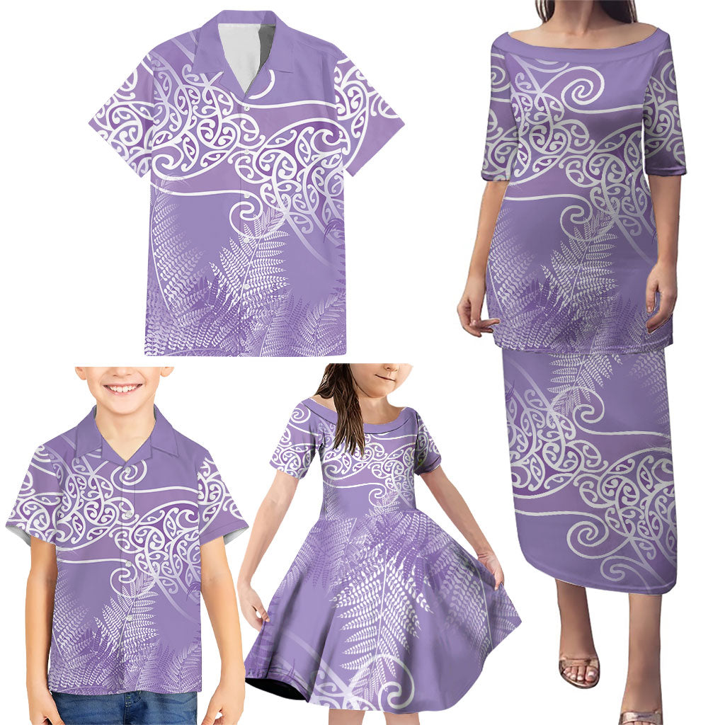 Aotearoa Maori Koru Curves Family Matching Puletasi and Hawaiian Shirt Silver Ferns - Amethyst