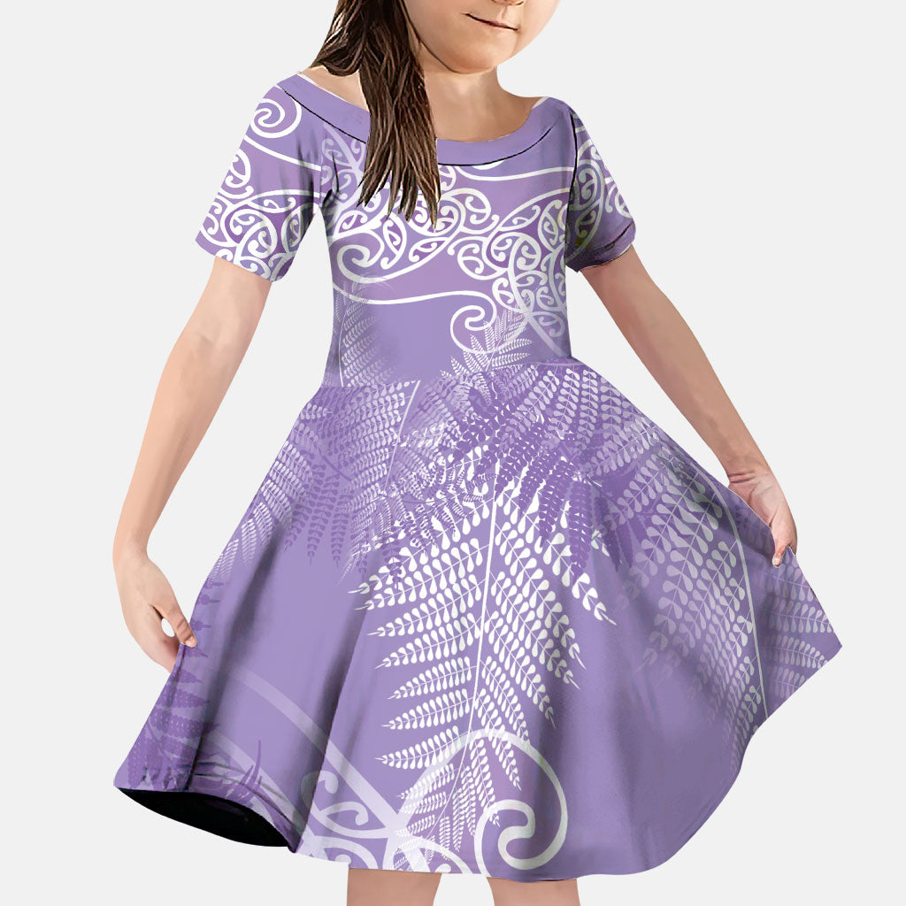Aotearoa Maori Koru Curves Family Matching Short Sleeve Bodycon Dress and Hawaiian Shirt Silver Ferns - Amethyst LT7 Daughter's Dress Purple - Polynesian Pride