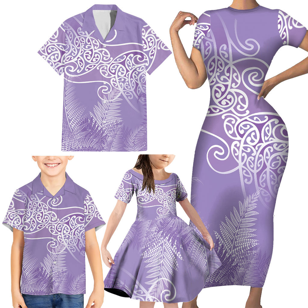 Aotearoa Maori Koru Curves Family Matching Short Sleeve Bodycon Dress and Hawaiian Shirt Silver Ferns - Amethyst LT7 - Polynesian Pride