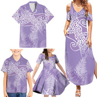 Aotearoa Maori Koru Curves Family Matching Summer Maxi Dress and Hawaiian Shirt Silver Ferns - Amethyst LT7 - Polynesian Pride