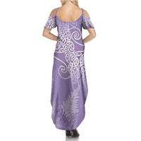 Aotearoa Maori Koru Curves Family Matching Summer Maxi Dress and Hawaiian Shirt Silver Ferns - Amethyst LT7 - Polynesian Pride