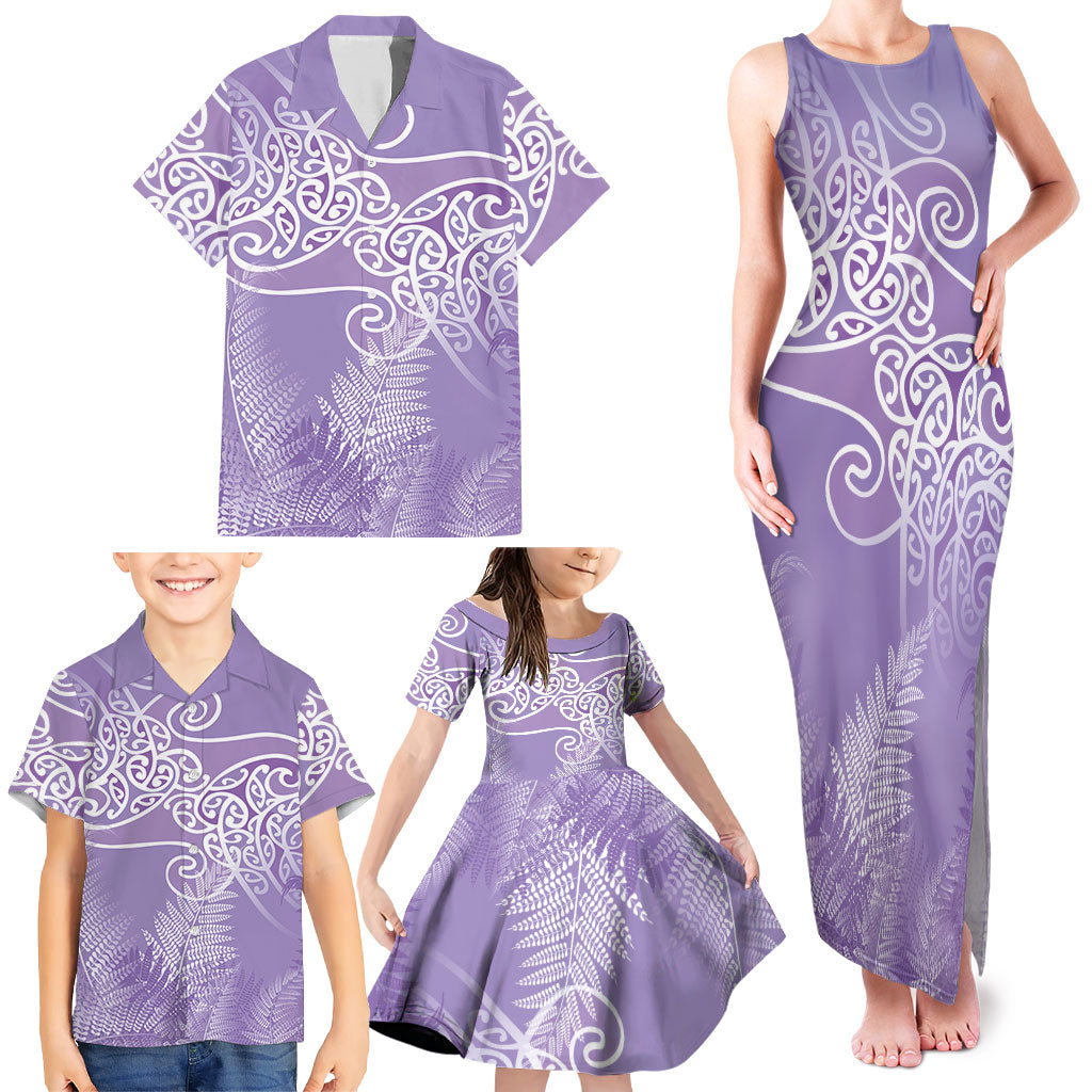 Aotearoa Maori Koru Curves Family Matching Tank Maxi Dress and Hawaiian Shirt Silver Ferns - Amethyst