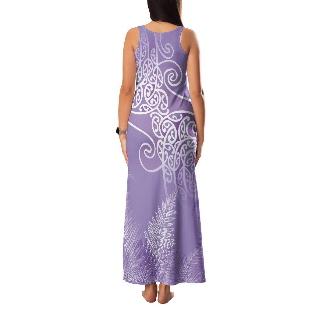 Aotearoa Maori Koru Curves Family Matching Tank Maxi Dress and Hawaiian Shirt Silver Ferns - Amethyst LT7 - Polynesian Pride