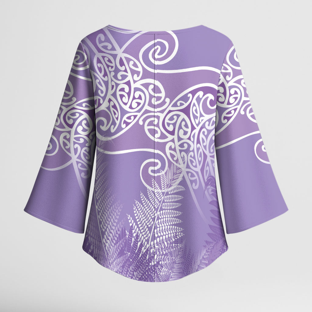 Aotearoa Maori Koru Curves Kimono Sleeve Blouse Silver Ferns - Amethyst
