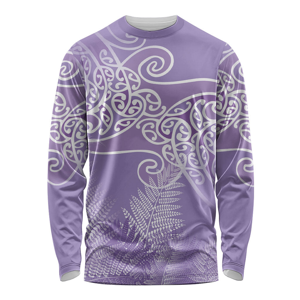 Aotearoa Maori Koru Curves Long Sleeve Shirt Silver Ferns - Amethyst