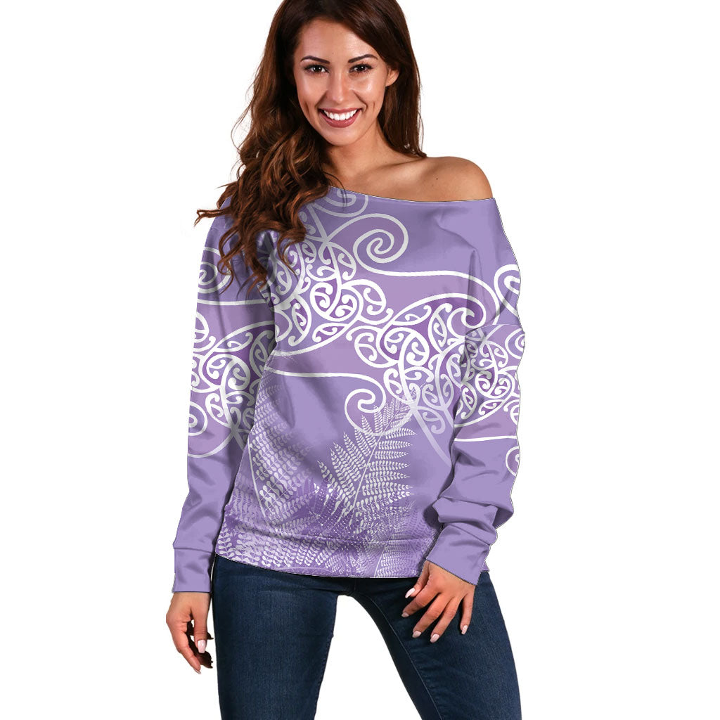 Aotearoa Maori Koru Curves Off Shoulder Sweater Silver Ferns - Amethyst