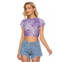 Aotearoa Maori Koru Curves Raglan Cropped T Shirt Silver Ferns - Amethyst LT7 Female Purple - Polynesian Pride