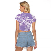 Aotearoa Maori Koru Curves Raglan Cropped T Shirt Silver Ferns - Amethyst LT7 - Polynesian Pride