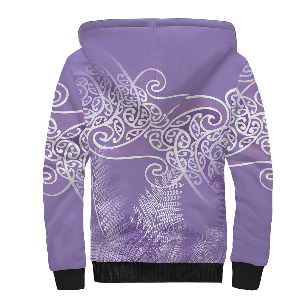 Aotearoa Maori Koru Curves Sherpa Hoodie Silver Ferns - Amethyst