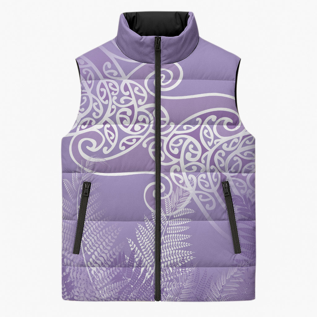 Aotearoa Maori Koru Curves Sleeveless Puffer Jacket Silver Ferns - Amethyst