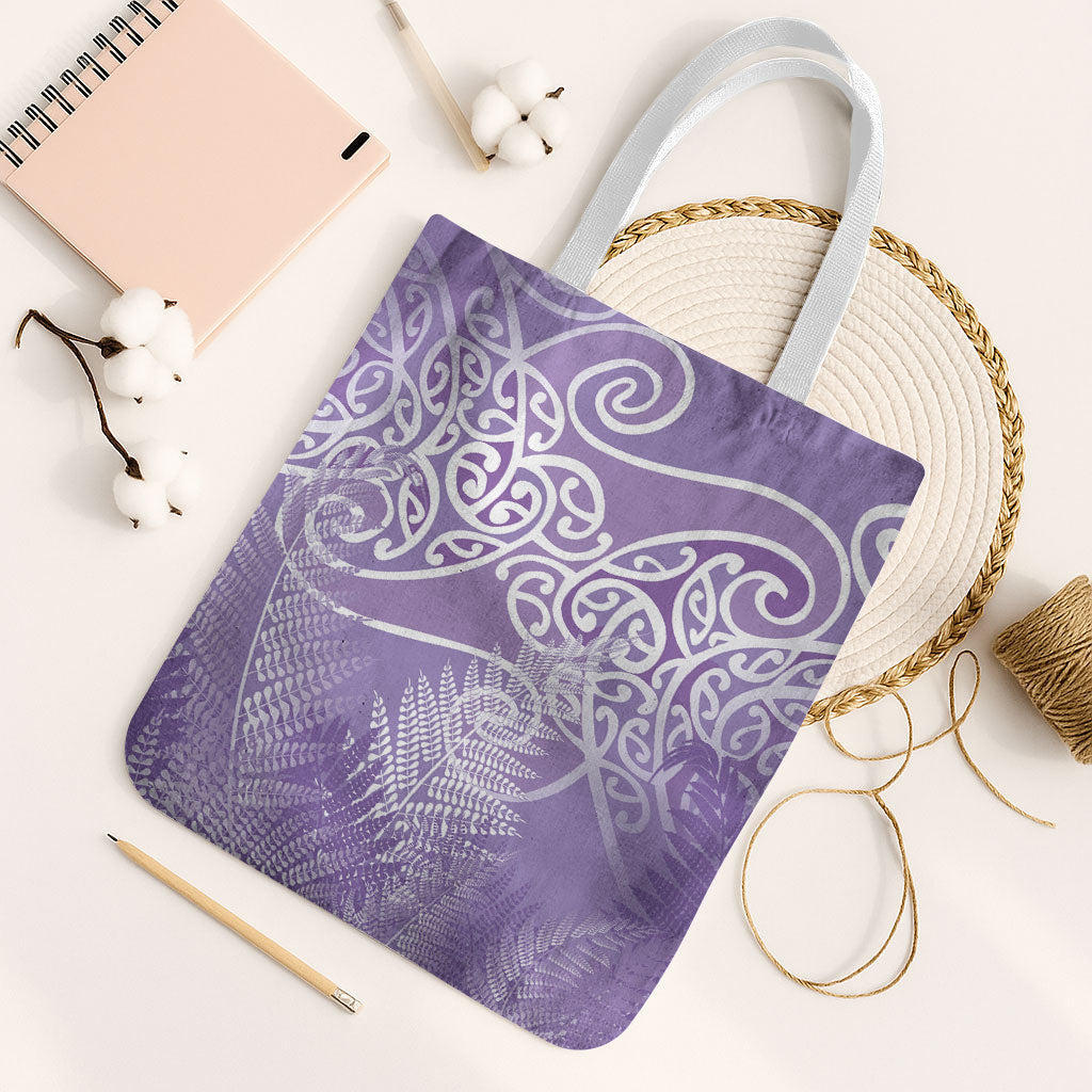 Aotearoa Maori Koru Curves Tote Bag Silver Ferns - Amethyst
