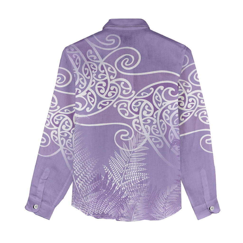 Aotearoa Maori Koru Curves Women Casual Shirt Silver Ferns - Amethyst