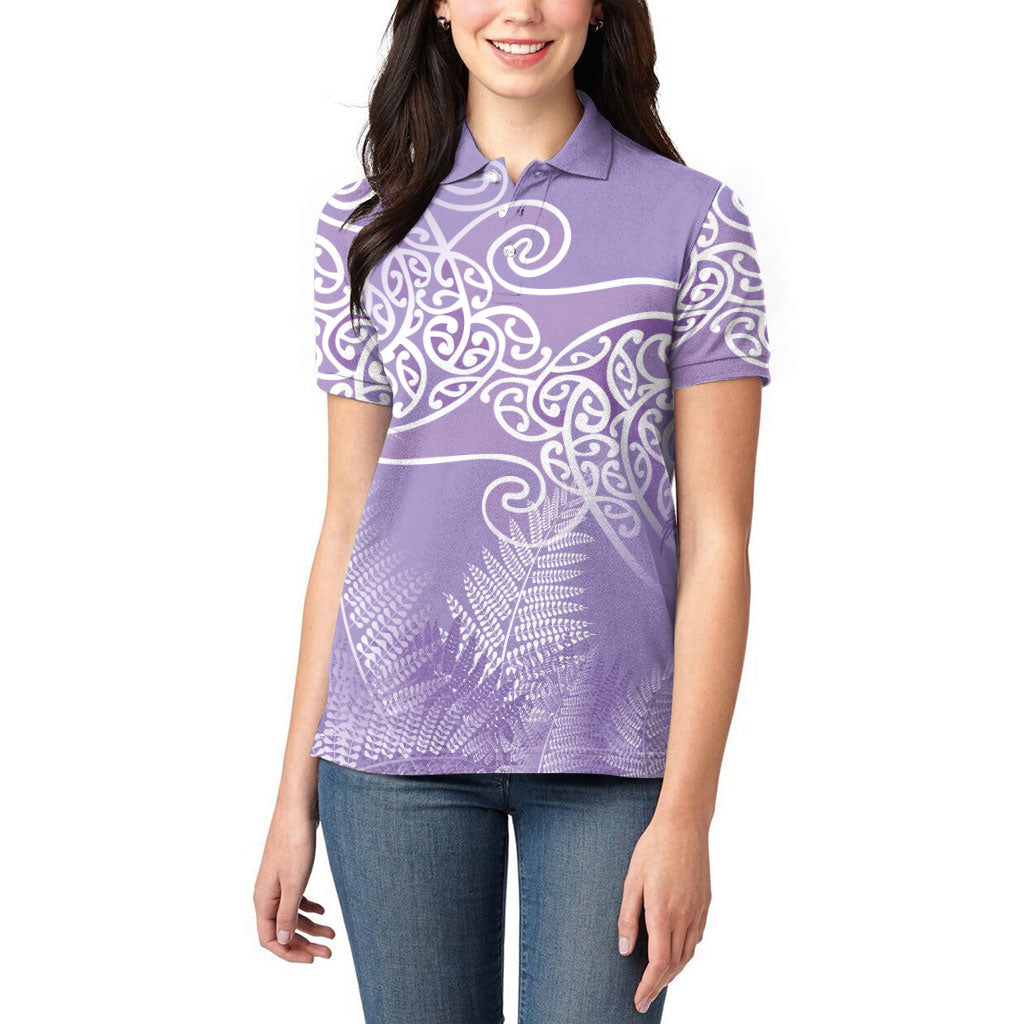 Aotearoa Maori Koru Curves Women Polo Shirt Silver Ferns - Amethyst