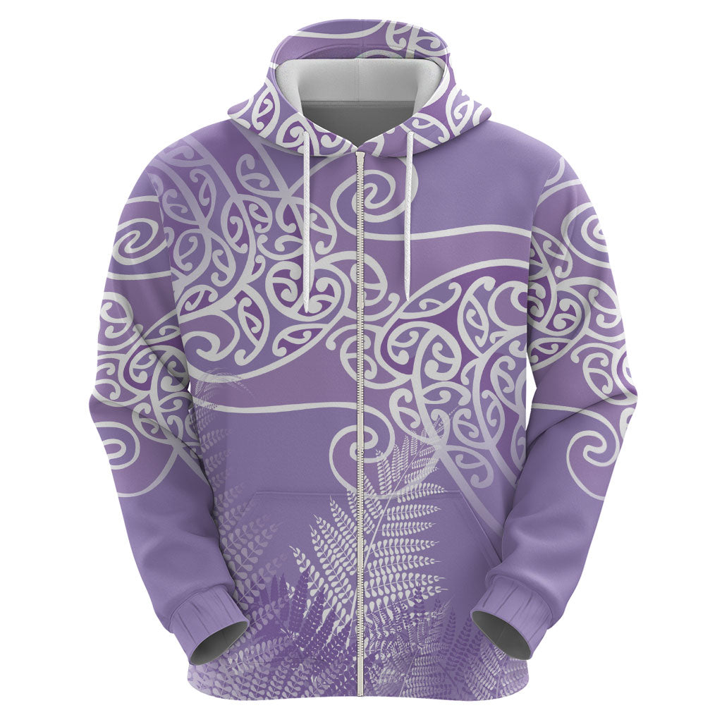 Aotearoa Maori Koru Curves Zip Hoodie Silver Ferns - Amethyst