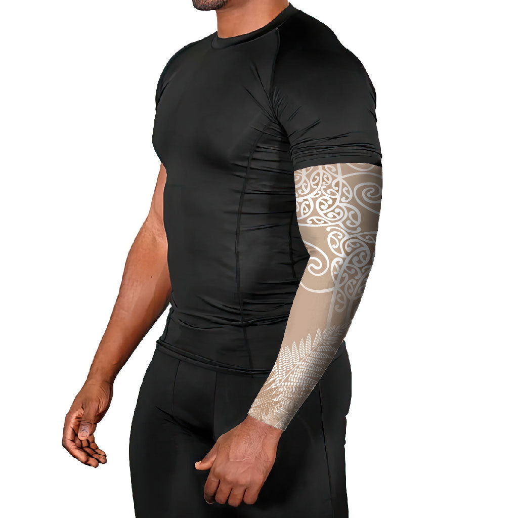 Aotearoa Maori Koru Curves Arm Sleeves Silver Ferns - Mocha LT7 - Polynesian Pride