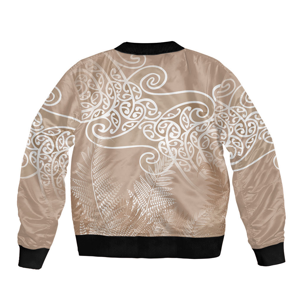 Aotearoa Maori Koru Curves Bomber Jacket Silver Ferns - Mocha