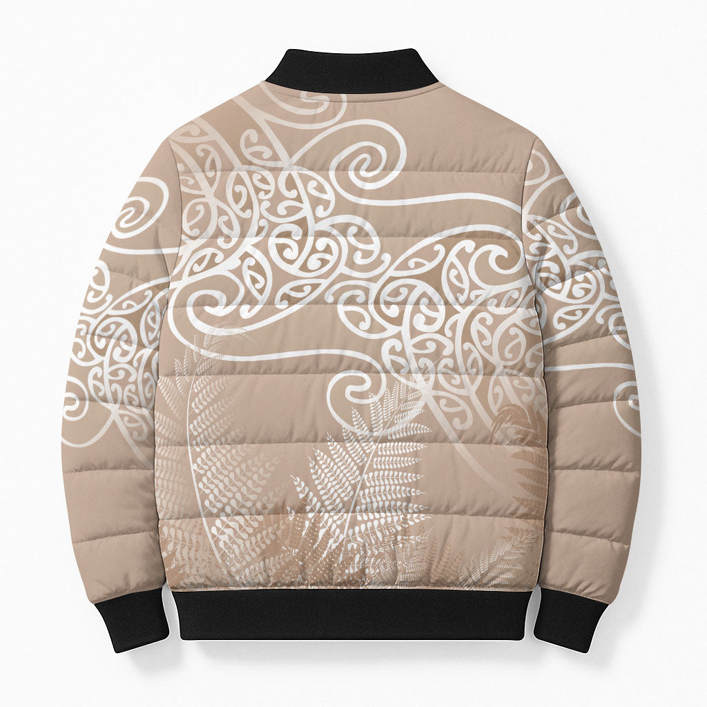 Aotearoa Maori Koru Curves Bomber Puffer Jacket Silver Ferns - Mocha