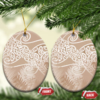Aotearoa Maori Koru Curves Ceramic Ornament Silver Ferns - Mocha LT7 Oval Beige - Polynesian Pride