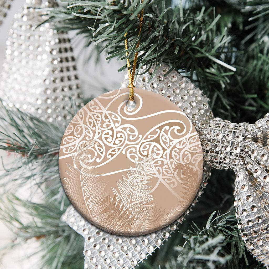Aotearoa Maori Koru Curves Ceramic Ornament Silver Ferns - Mocha LT7 - Polynesian Pride