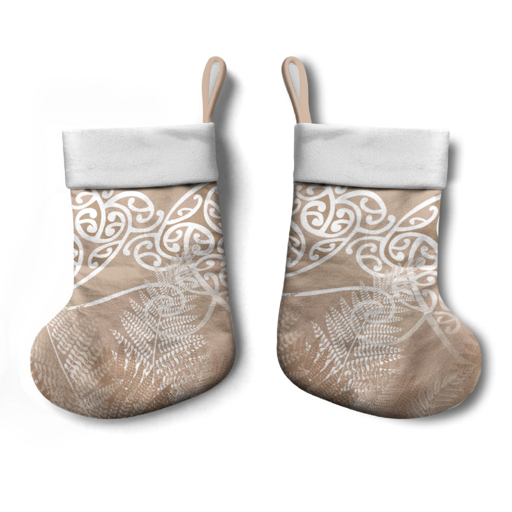 Aotearoa Maori Koru Curves Christmas Stocking Silver Ferns - Mocha LT7 - Polynesian Pride