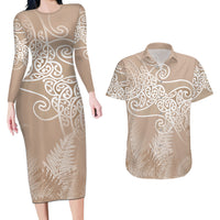 Aotearoa Maori Koru Curves Couples Matching Long Sleeve Bodycon Dress and Hawaiian Shirt Silver Ferns - Mocha LT7 Beige - Polynesian Pride