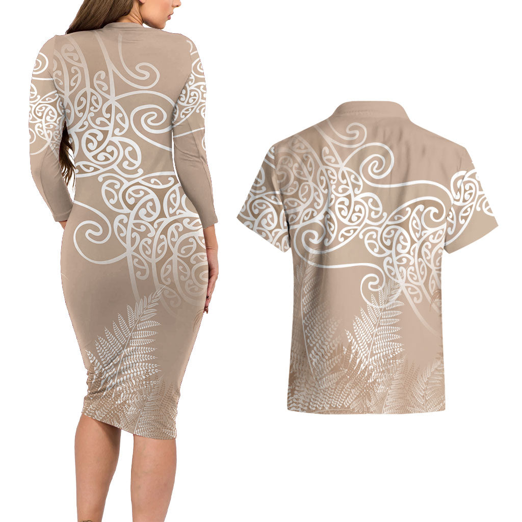 Aotearoa Maori Koru Curves Couples Matching Long Sleeve Bodycon Dress and Hawaiian Shirt Silver Ferns - Mocha LT7 - Polynesian Pride