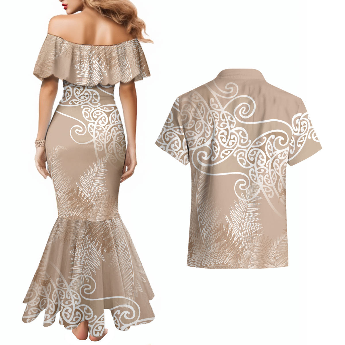 Aotearoa Maori Koru Curves Couples Matching Mermaid Dress and Hawaiian Shirt Silver Ferns - Mocha LT7 - Polynesian Pride