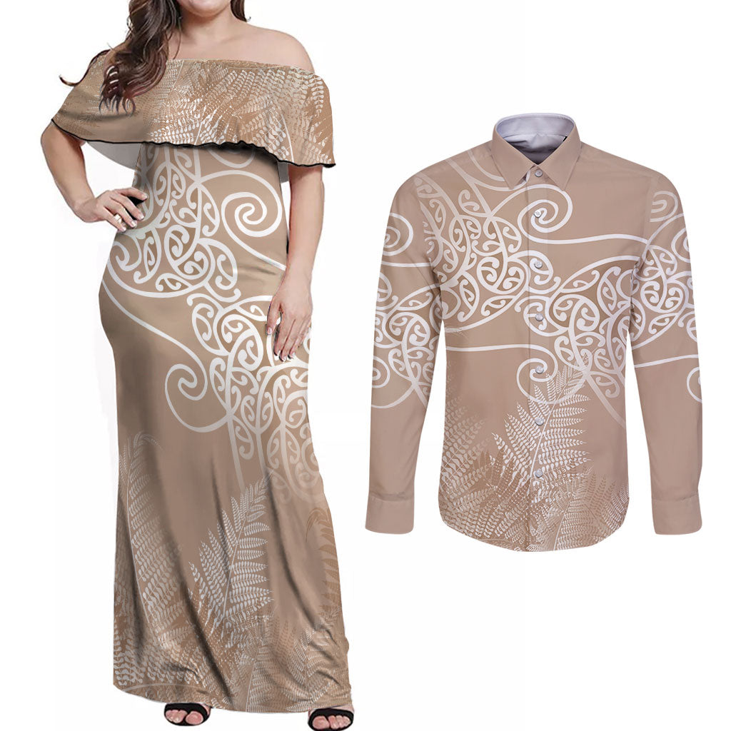 Aotearoa Maori Koru Curves Couples Matching Off Shoulder Maxi Dress and Long Sleeve Button Shirt Silver Ferns - Mocha