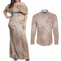 Aotearoa Maori Koru Curves Couples Matching Off Shoulder Maxi Dress and Long Sleeve Button Shirt Silver Ferns - Mocha