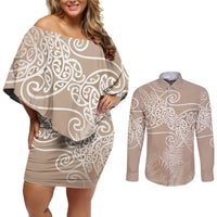 Aotearoa Maori Koru Curves Couples Matching Off Shoulder Short Dress and Long Sleeve Button Shirt Silver Ferns - Mocha LT7 Beige - Polynesian Pride
