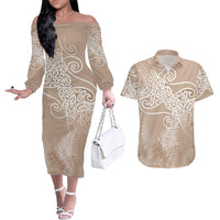 Aotearoa Maori Koru Curves Couples Matching Off The Shoulder Long Sleeve Dress and Hawaiian Shirt Silver Ferns - Mocha LT7 Beige - Polynesian Pride