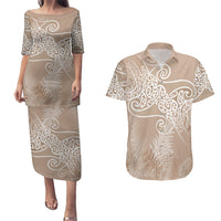 Aotearoa Maori Koru Curves Couples Matching Puletasi and Hawaiian Shirt Silver Ferns - Mocha