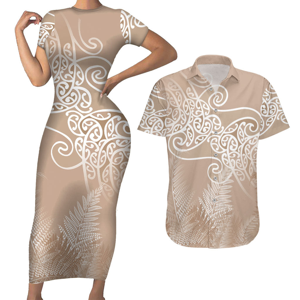 Aotearoa Maori Koru Curves Couples Matching Short Sleeve Bodycon Dress and Hawaiian Shirt Silver Ferns - Mocha LT7 Beige - Polynesian Pride