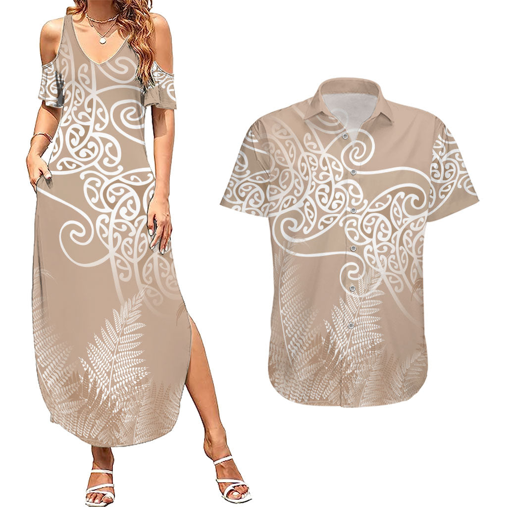 Aotearoa Maori Koru Curves Couples Matching Summer Maxi Dress and Hawaiian Shirt Silver Ferns - Mocha LT7 Beige - Polynesian Pride