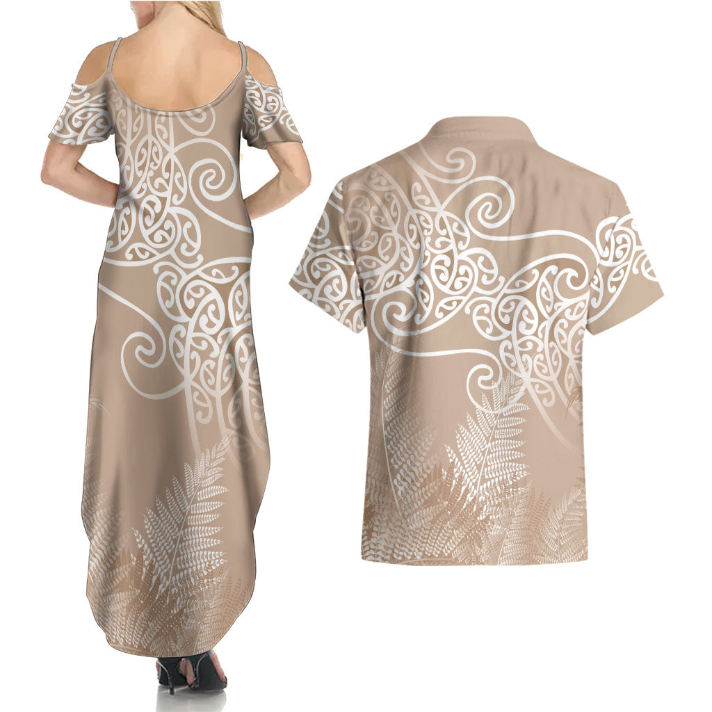 Aotearoa Maori Koru Curves Couples Matching Summer Maxi Dress and Hawaiian Shirt Silver Ferns - Mocha LT7 - Polynesian Pride