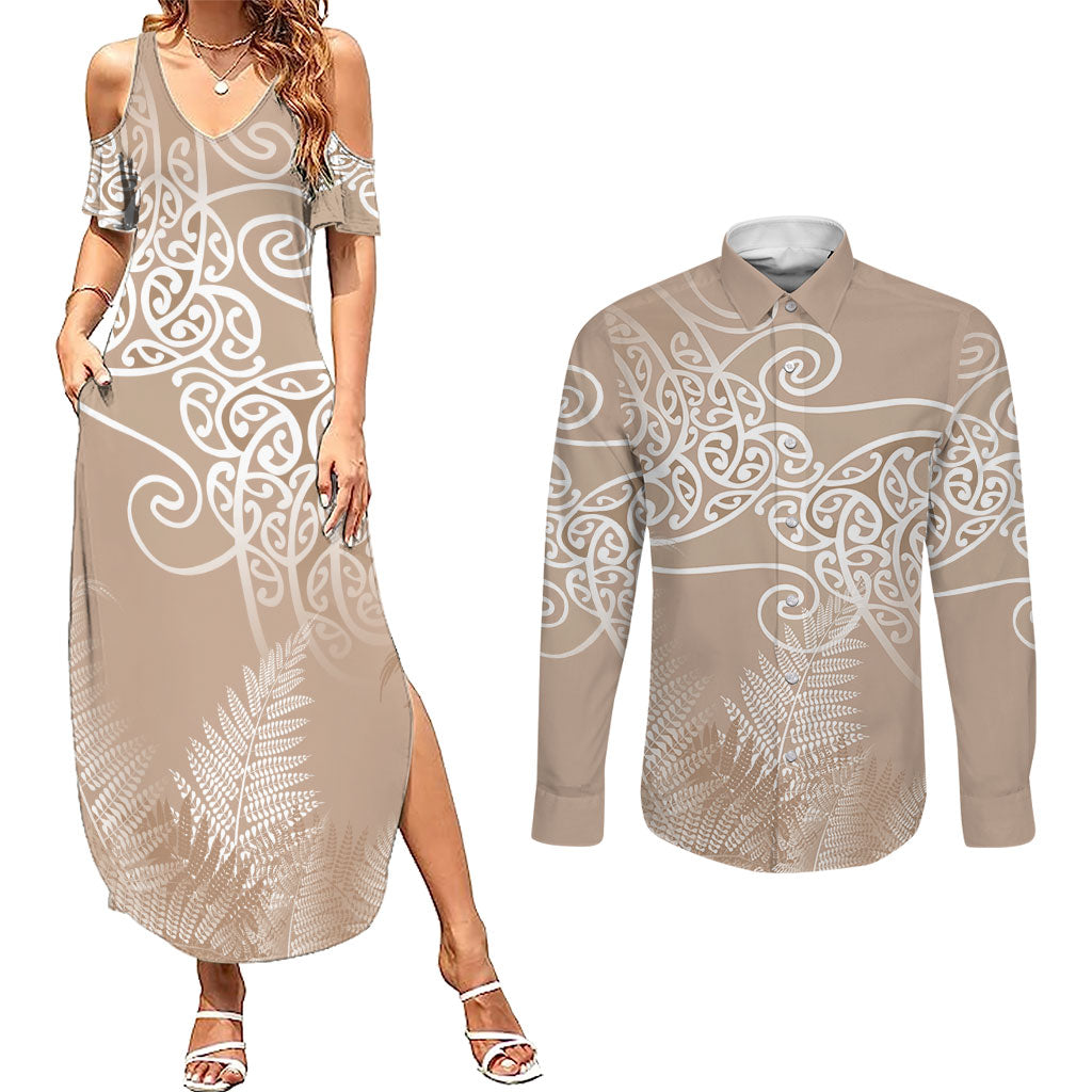 Aotearoa Maori Koru Curves Couples Matching Summer Maxi Dress and Long Sleeve Button Shirt Silver Ferns - Mocha LT7 Beige - Polynesian Pride