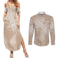 Aotearoa Maori Koru Curves Couples Matching Summer Maxi Dress and Long Sleeve Button Shirt Silver Ferns - Mocha LT7 Beige - Polynesian Pride