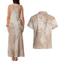 Aotearoa Maori Koru Curves Couples Matching Tank Maxi Dress and Hawaiian Shirt Silver Ferns - Mocha LT7 - Polynesian Pride