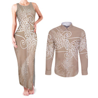 Aotearoa Maori Koru Curves Couples Matching Tank Maxi Dress and Long Sleeve Button Shirt Silver Ferns - Mocha LT7 Beige - Polynesian Pride