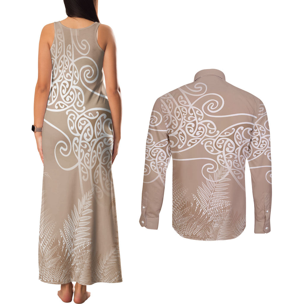 Aotearoa Maori Koru Curves Couples Matching Tank Maxi Dress and Long Sleeve Button Shirt Silver Ferns - Mocha LT7 - Polynesian Pride