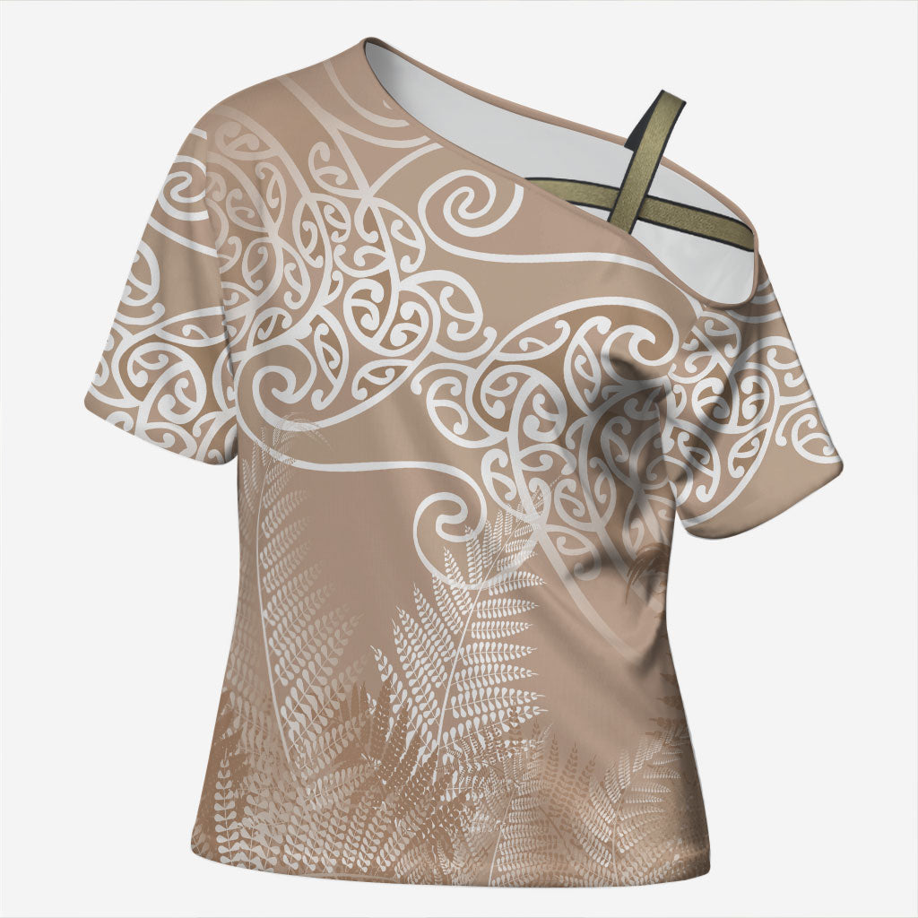 Aotearoa Maori Koru Curves Cross Shoulder Shirt Silver Ferns - Mocha LT7 Female Beige - Polynesian Pride